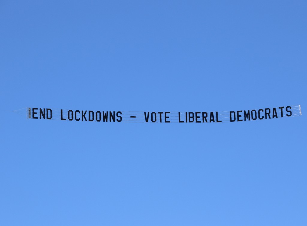 Sky banner reads "End Lockdowns - Vote Liberal Democrats